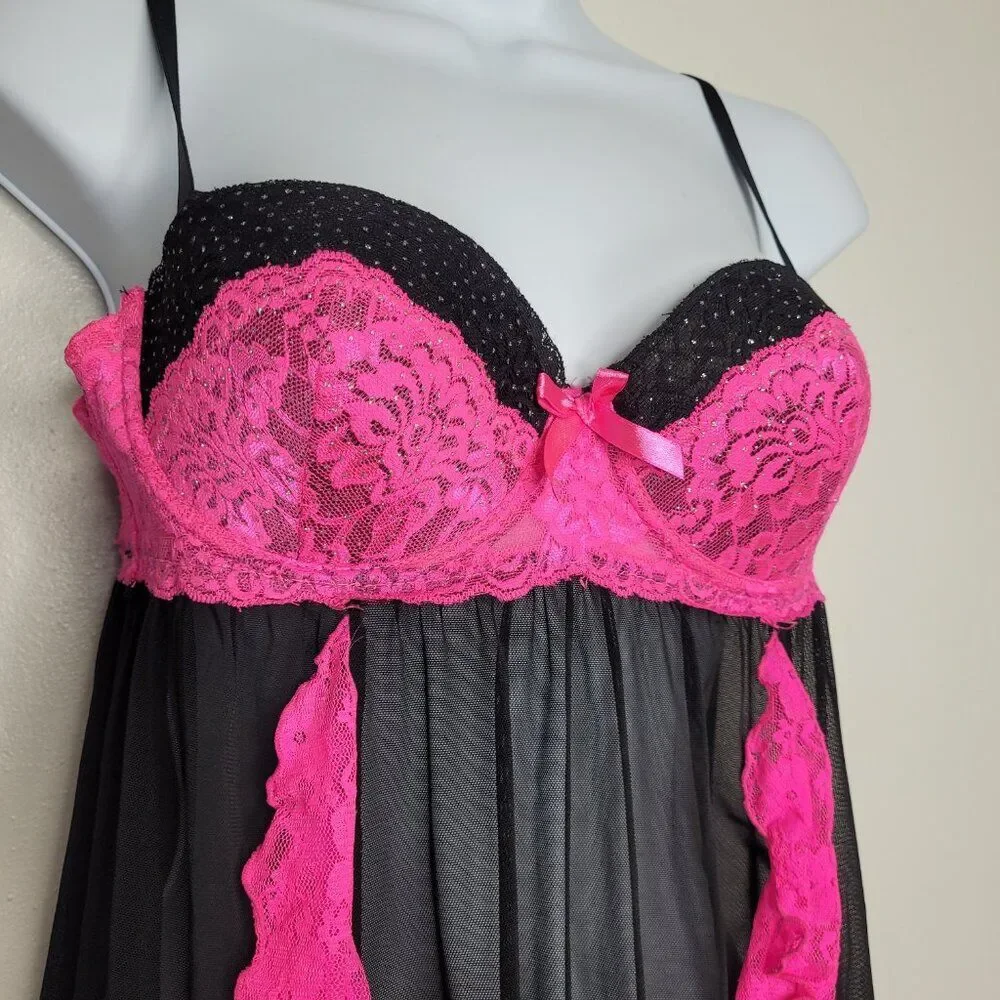 Native Intimates pink black semi sheer lace ruffle bimbocore scene queen bra 36b